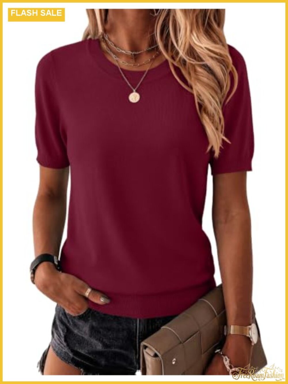 Women's Short Sleeve Crewneck Viscose Knit Pullover Sweater Business Casual Top